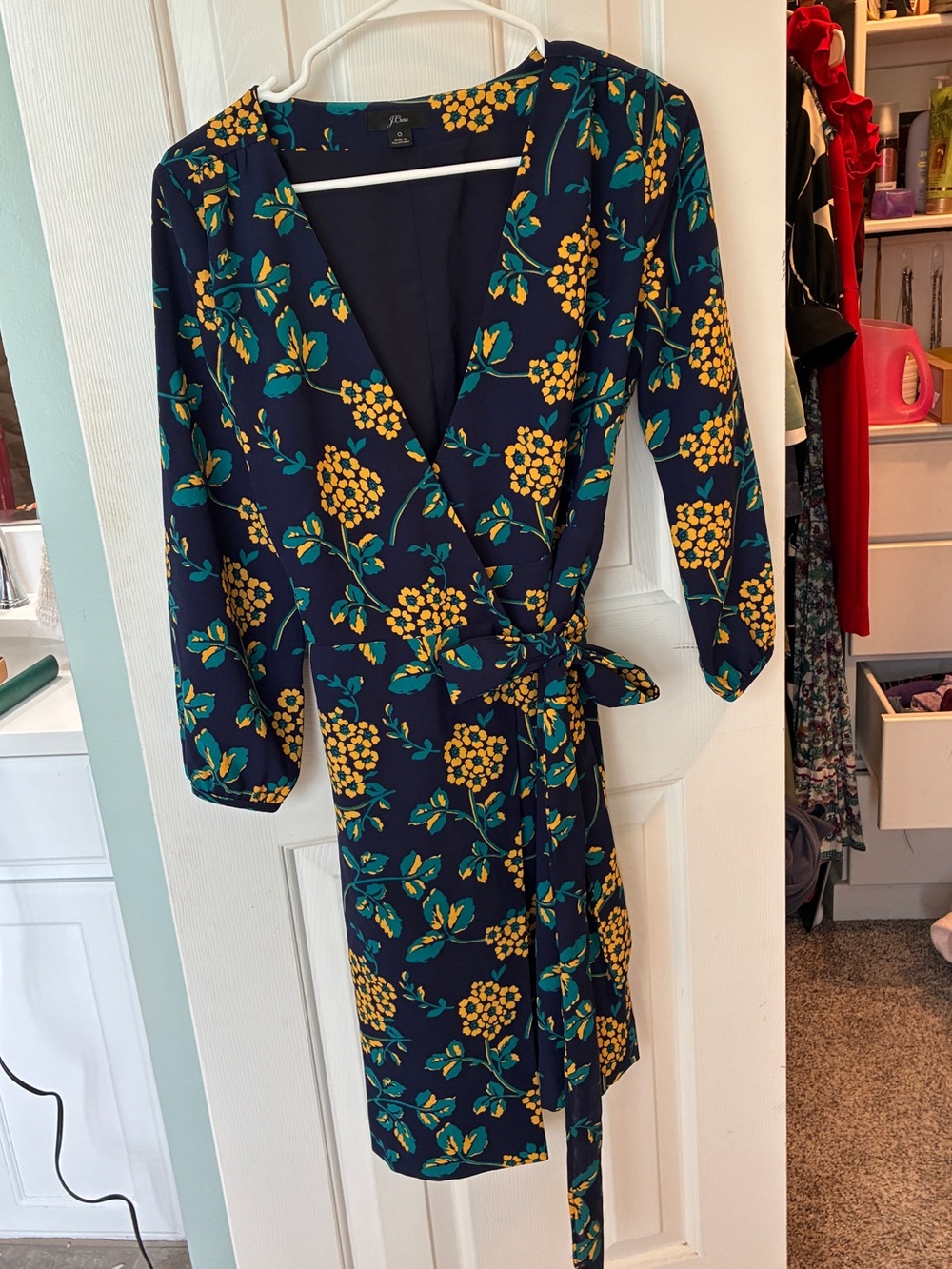 J Crew Floral Wrap Dress in Navy and Mustard
